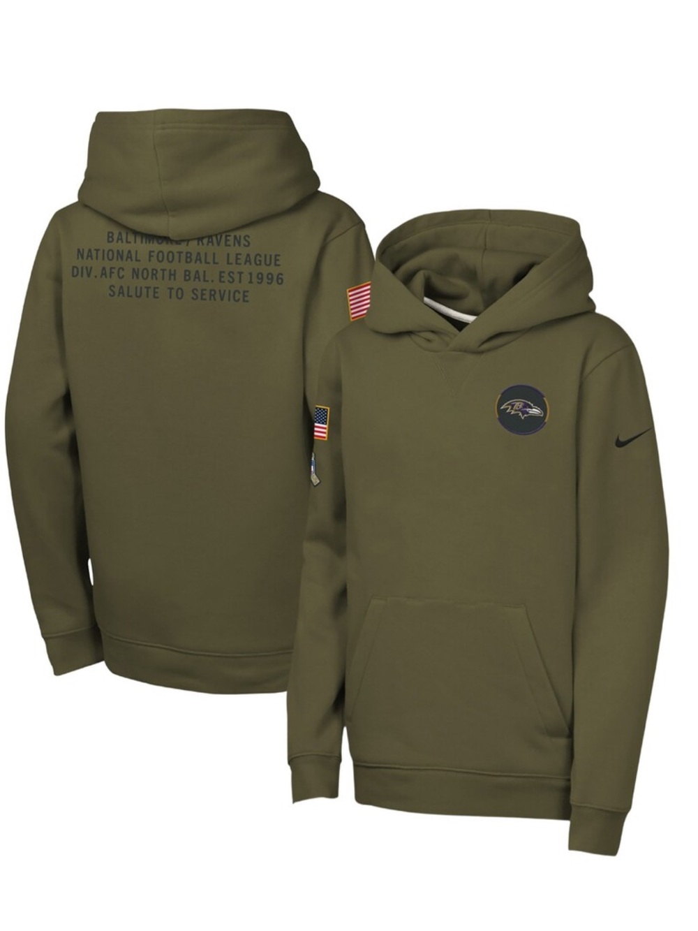 Youth Nike Olive Baltimore Ravens 2025 Salute to Service Club Fleece Hoodie M
